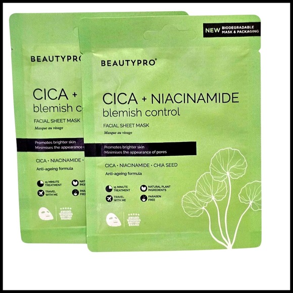 2 x BEAUTYPRO Cica Niacinamide Sheet Mask Blemish Control Brighter Skin Anti-Age - Picture 1 of 5